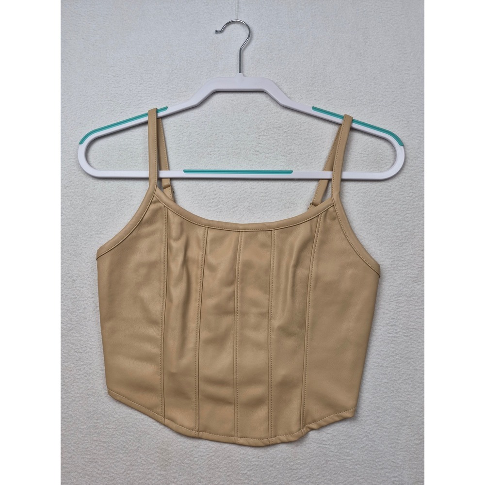 KIRIOUS Faux Leather Corset Bustier Top Tan Camel Spaghetti Straps Back Zip S